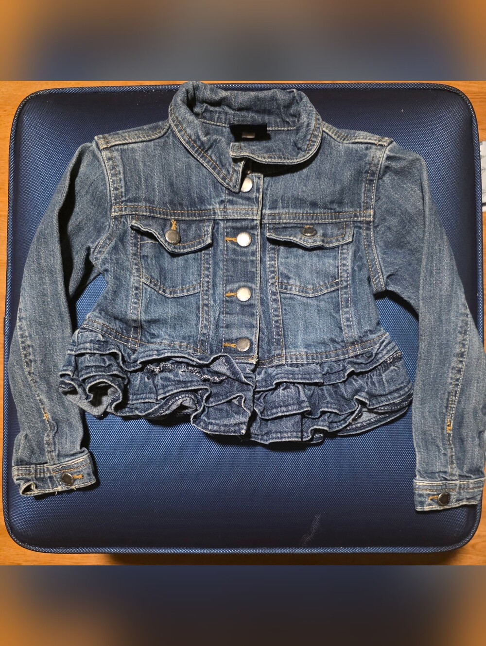 Girls Denim Jacket with Ruffle Hem - Blue